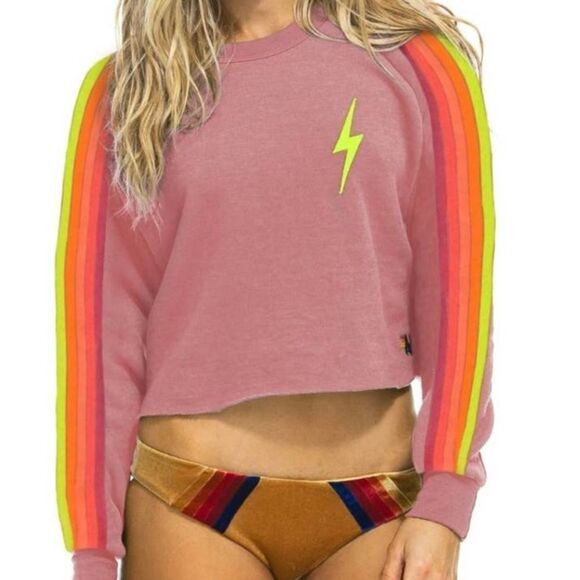 AVIATOR NATION Bolt Cropped Classic Crewneck Sweatshirt Pink Neon Size XS - Picture 1 of 9